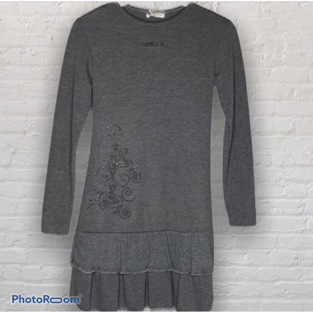 Camilla Knit Sweater Dress Gray Black Rhinestones Girls Made In Italy